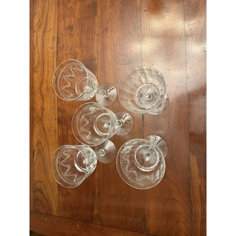 Set of 5 Fostoria Glass Castle Geometric‎ Needle Etch #87 Water Goblets 7.5